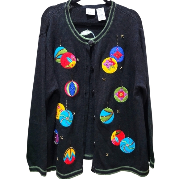 XL VTG Ramie/Cotton Christmas Ornament Patchwork Button Down Cardigan Sweater - Picture 1 of 7